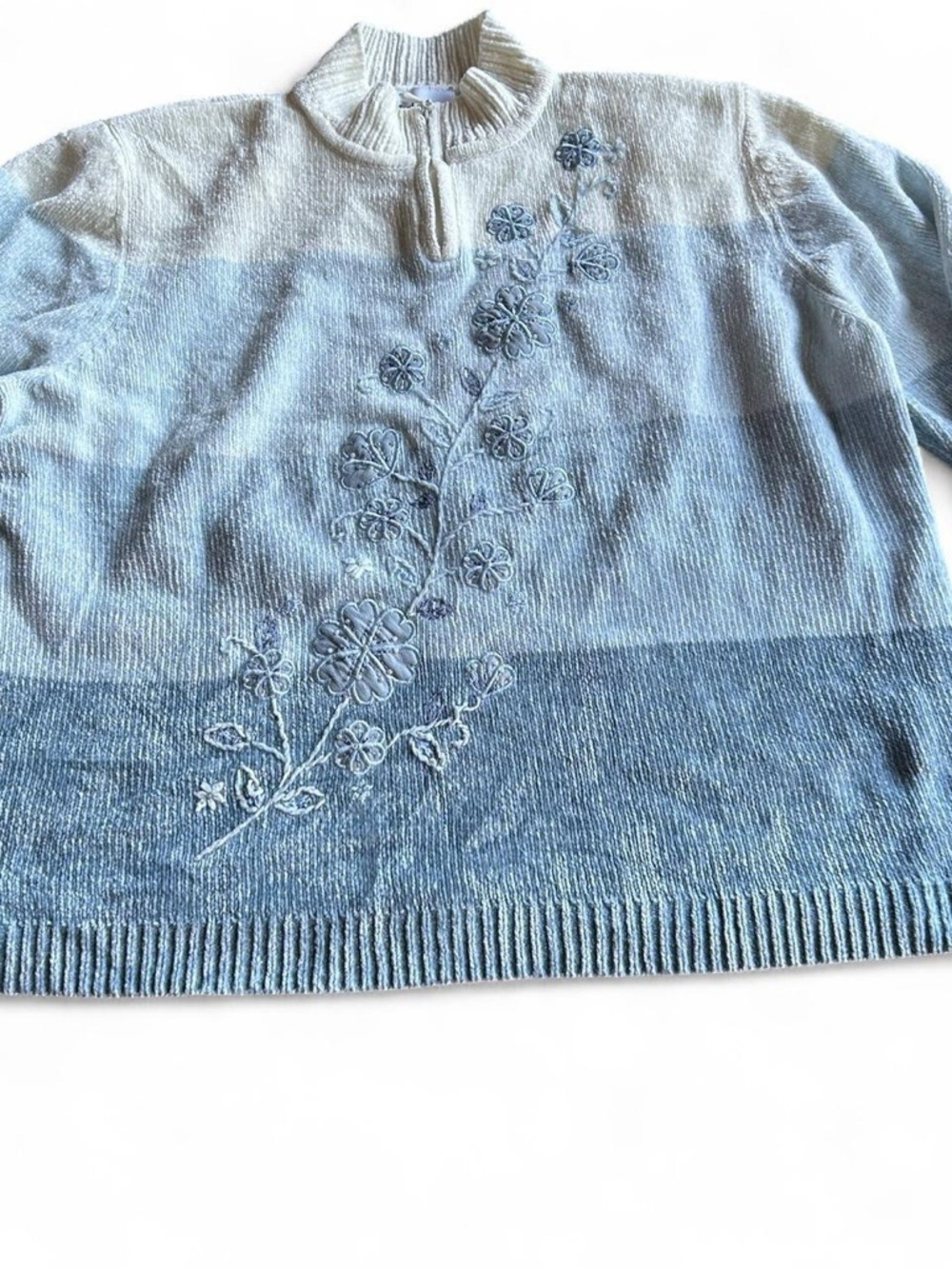 Alfred Dunner Blue Ombre Half-Zip Sweater with Floral Embroidery